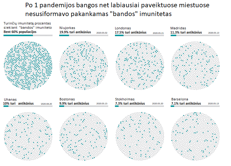 Kairėje viršutiniame kampe – procentas populiacijos reikalingas užtikrinti „bandos“ imunitetą. Kituose apskritimuose – realus procentas imunitetą turinčių asmenų labiausiai COVID-19 pandemijos paveiktose vietose. Datos atitinka tyrimų publikavimo datas. Nurodomi procentai gali būti su paklaida, ypač tose vietose, kur COVID-19 infekcijos buvo retesnės. Duomenys iš Uhano – rinkti tarp į darbą grįžtančių asmenų.